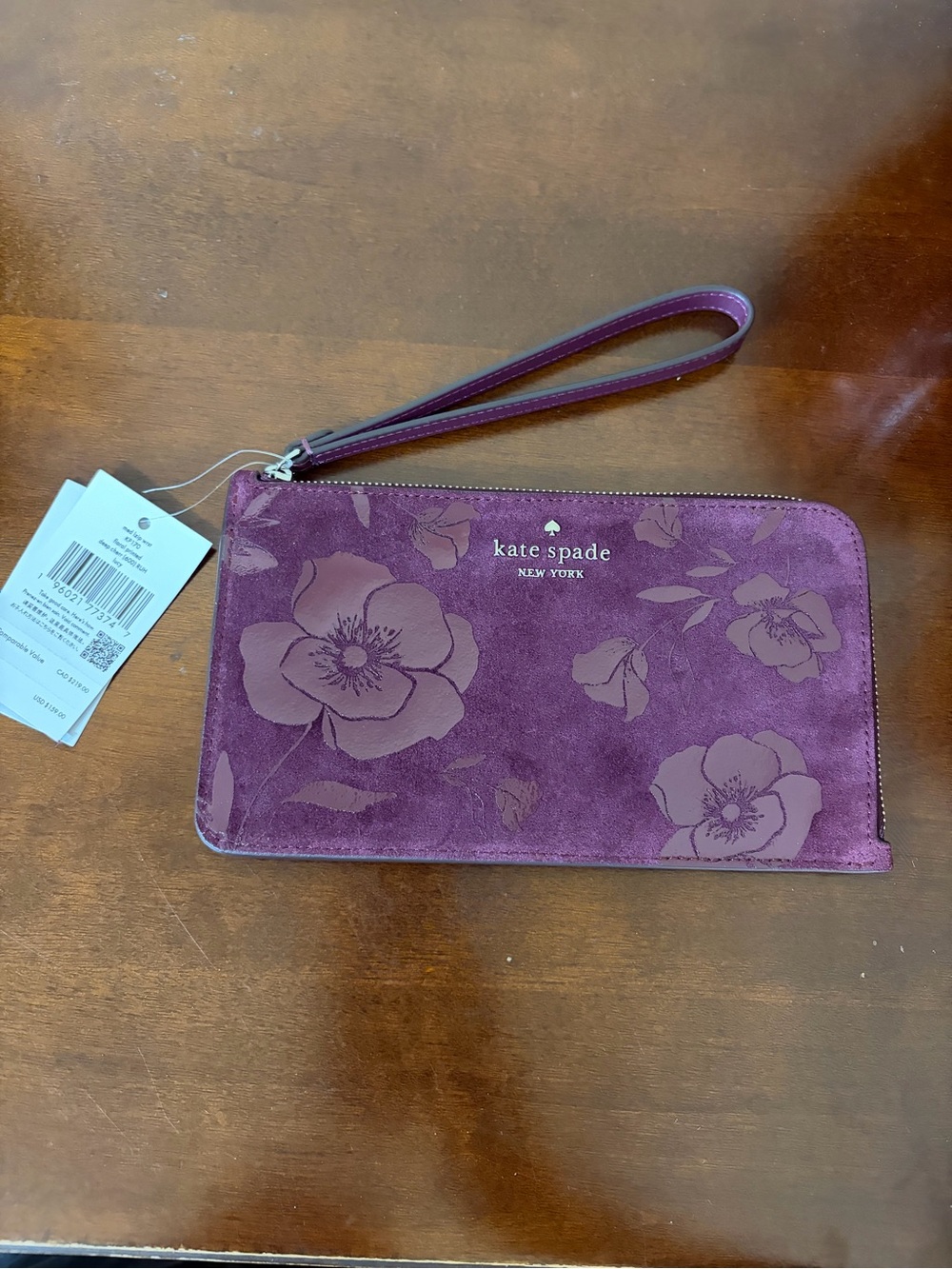 kate spade New York Deep Cherry Lucy Floral Suede Wristlet